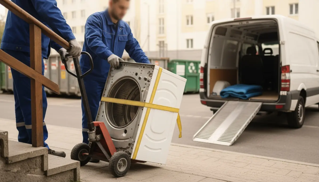 To personer læsser en afmonteret vaskemaskine fra opgangen og ind i en varebil ved en genbrugsstation.