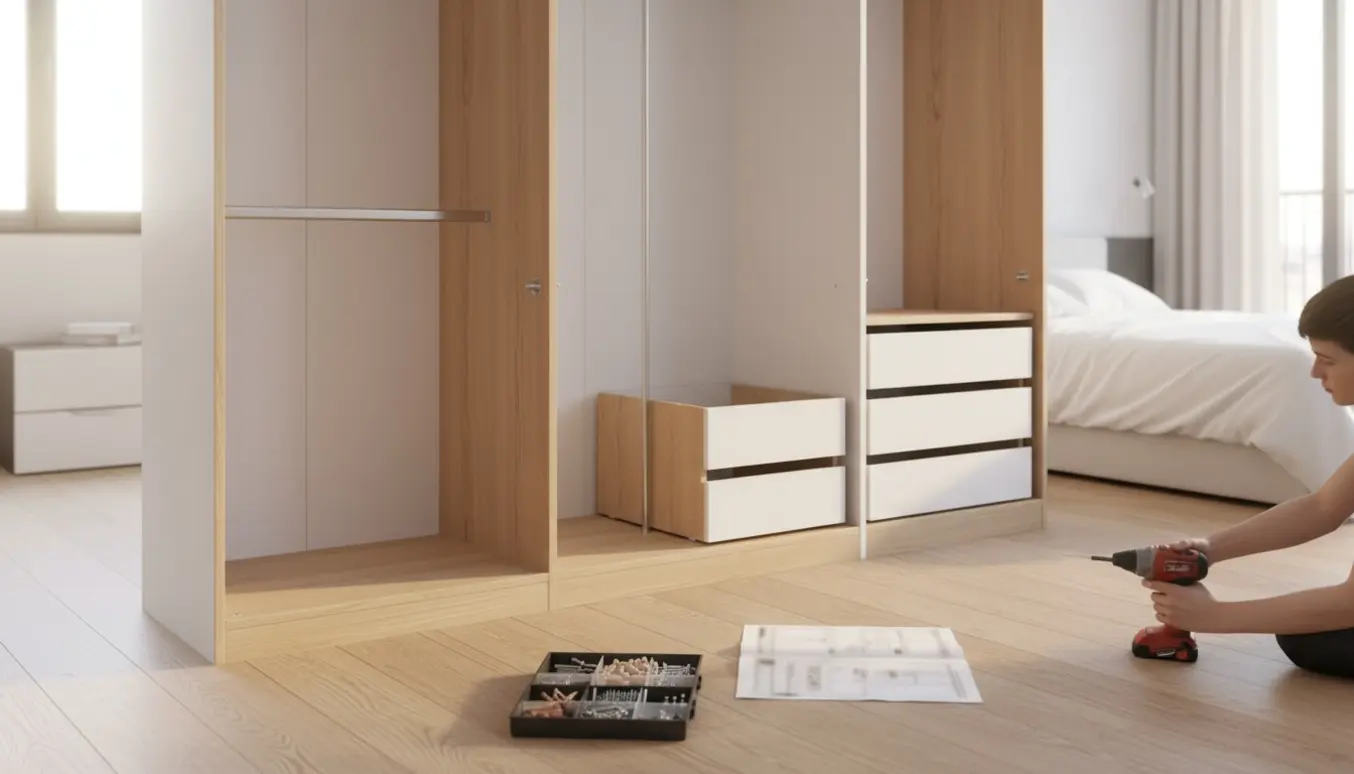 Halvfærdigt fladpakket garderobeskab under samling med værktøj og skruer på trægulv.