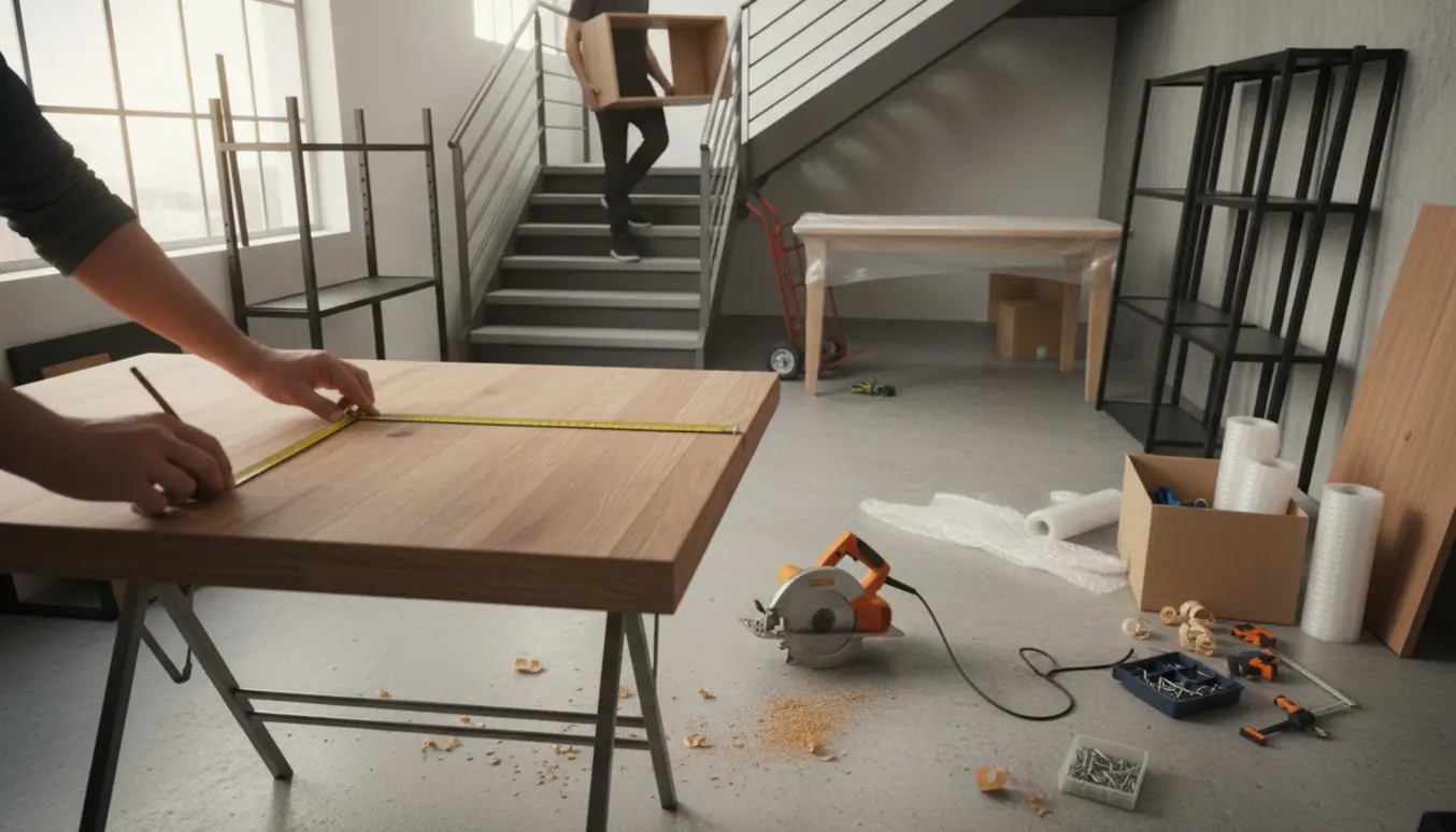 Åbent kontor under omrokering: borde og reoler flyttes, en bordplade måles og skæres ved vindueslys.