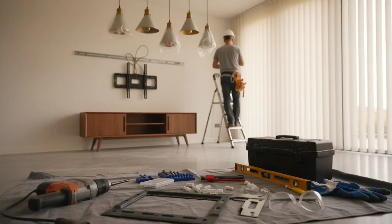Montage af TV, fem loftslamper, skænk-skinne og tre lamelgardiner i en stue med værktøj på gulvet.