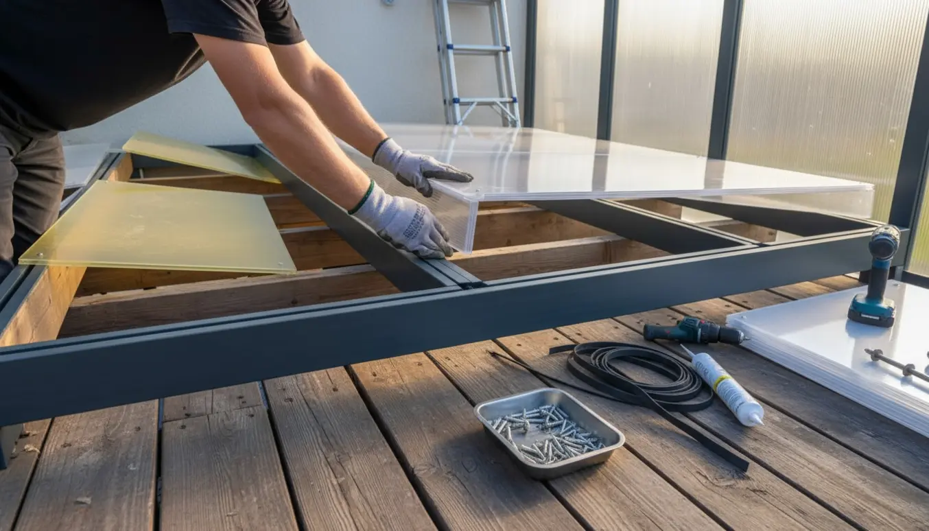 Hænder udskifter termopaneler på en terrasse med værktøj og stakkede paneler i baggrunden.