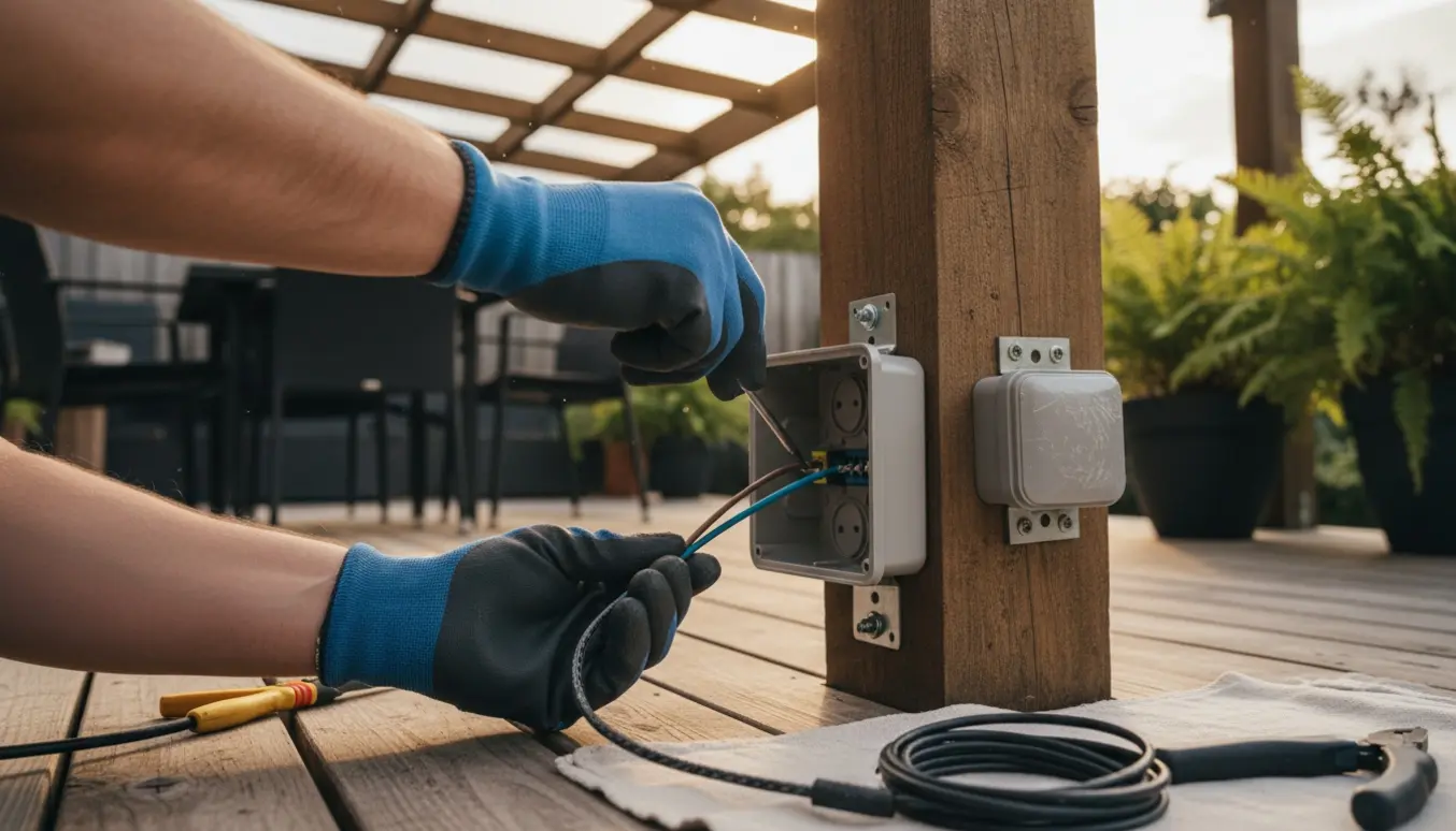 Hænder i isolerede handsker tilslutter vejrbestandig udendørsstikkontakt under en overdækket terrasse.