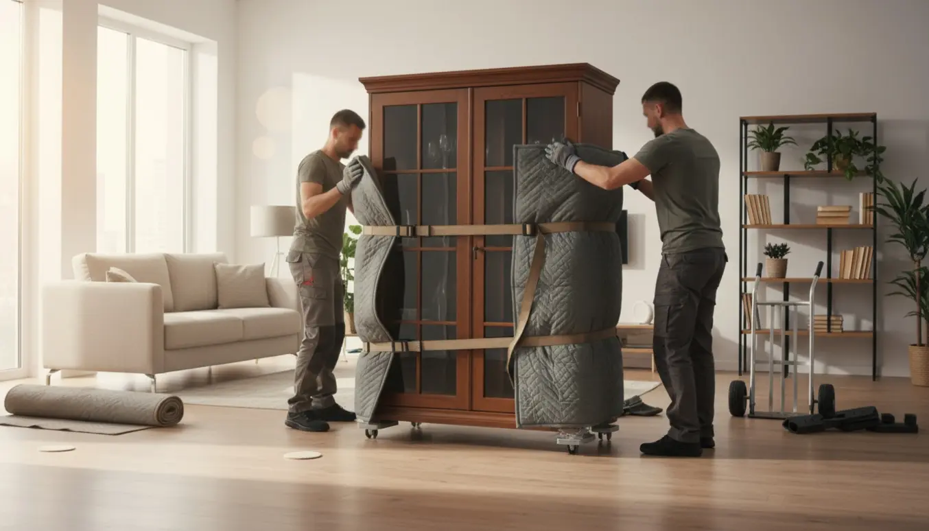 To personer flytter et tungt vitrineskab i en lys stue med løftestropper og filtpuder på trægulvet.