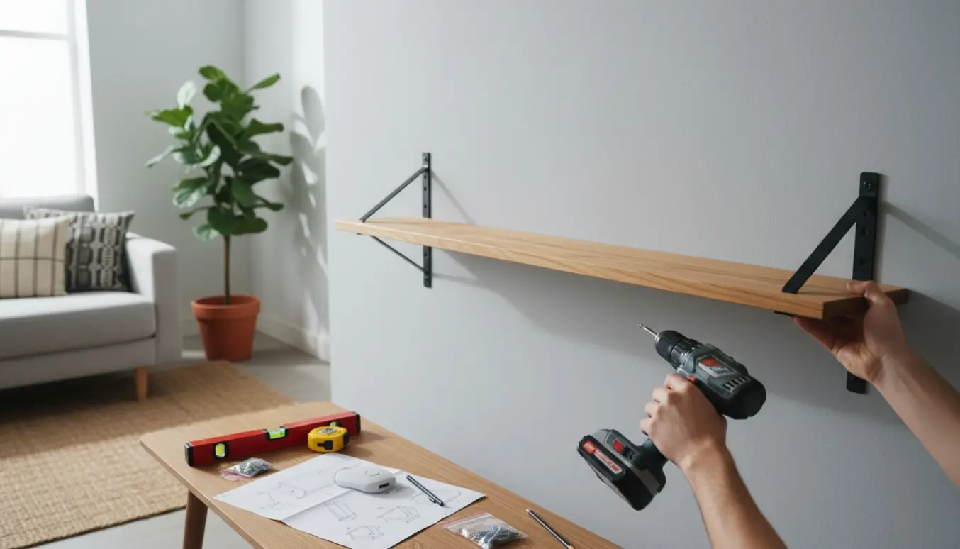Hænder monterer en væghylde i en stue med bor, vaterpas og monteringsdele på et bord.
