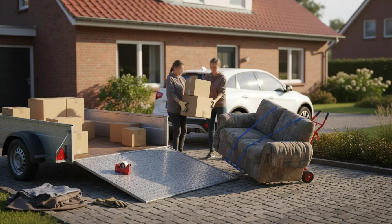 To personer læsser flyttekasser og møbler i en åben trailer foran et parcelhus på en solrig dag.