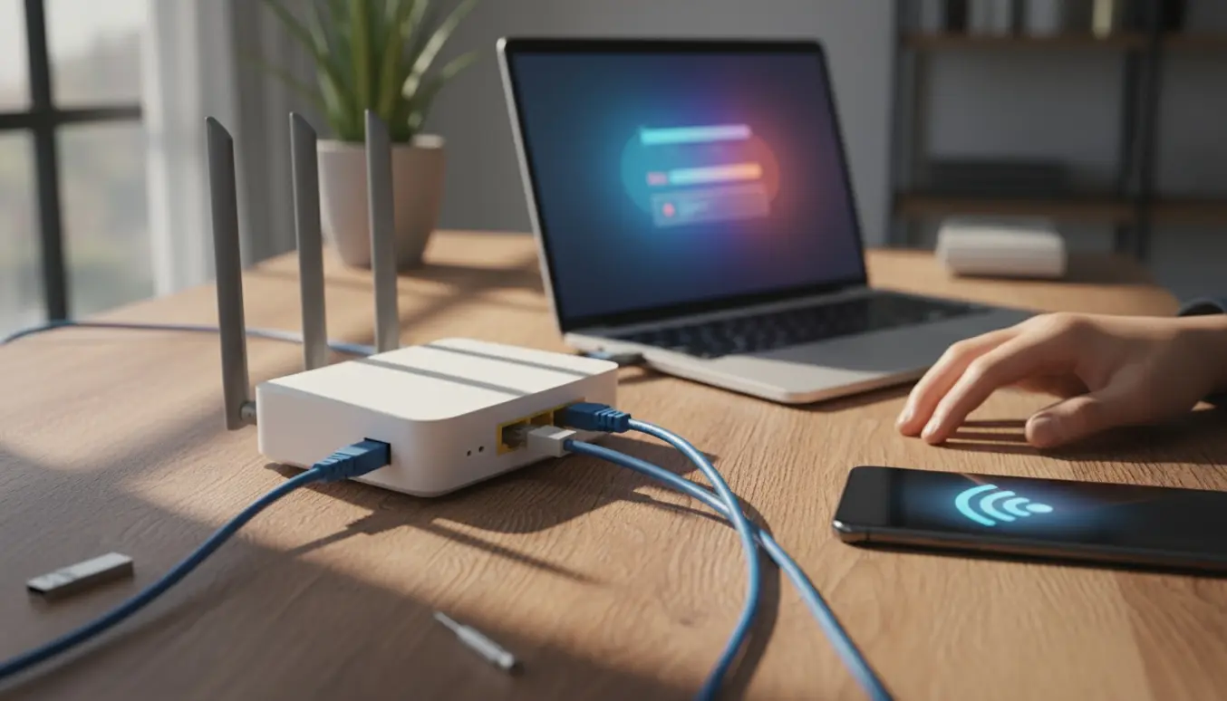 Nærbillede af en hjemmerouter tilsluttet en bærbar computer under softwareopdatering, med Ethernet-kabel og smartphone.