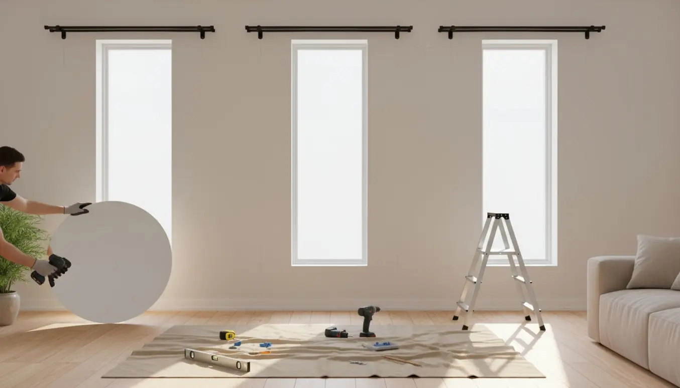 Hænder monterer tre små gardinstænger og holder et spejl op mod væggen i en lys, moderne stue.