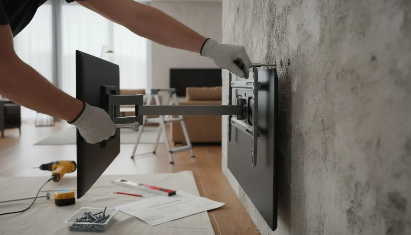 Håndværker monterer et 65-tommer TV på et langt drejbart vægbeslag på en betonvæg med værktøj og ankre ved siden af.