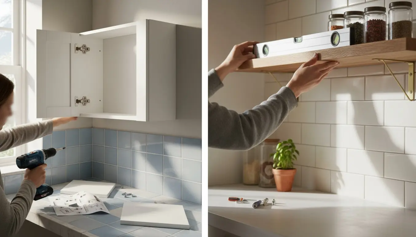 Hænder monterer et lille badeværelsesskab og en flydende hylde i køkkenet, med værktøj og materialer i fokus.