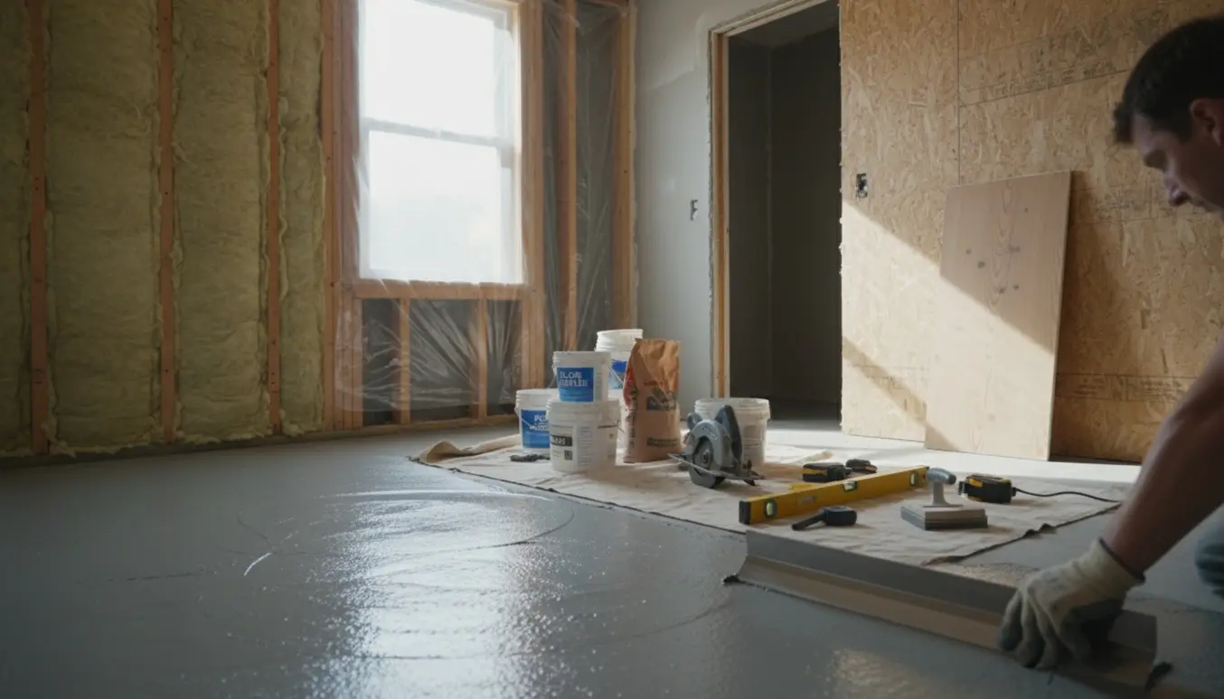 Et lille rum under renovering med isoleret ydervæg, udjævnet gulv og en nedskåret dør i spånplade.