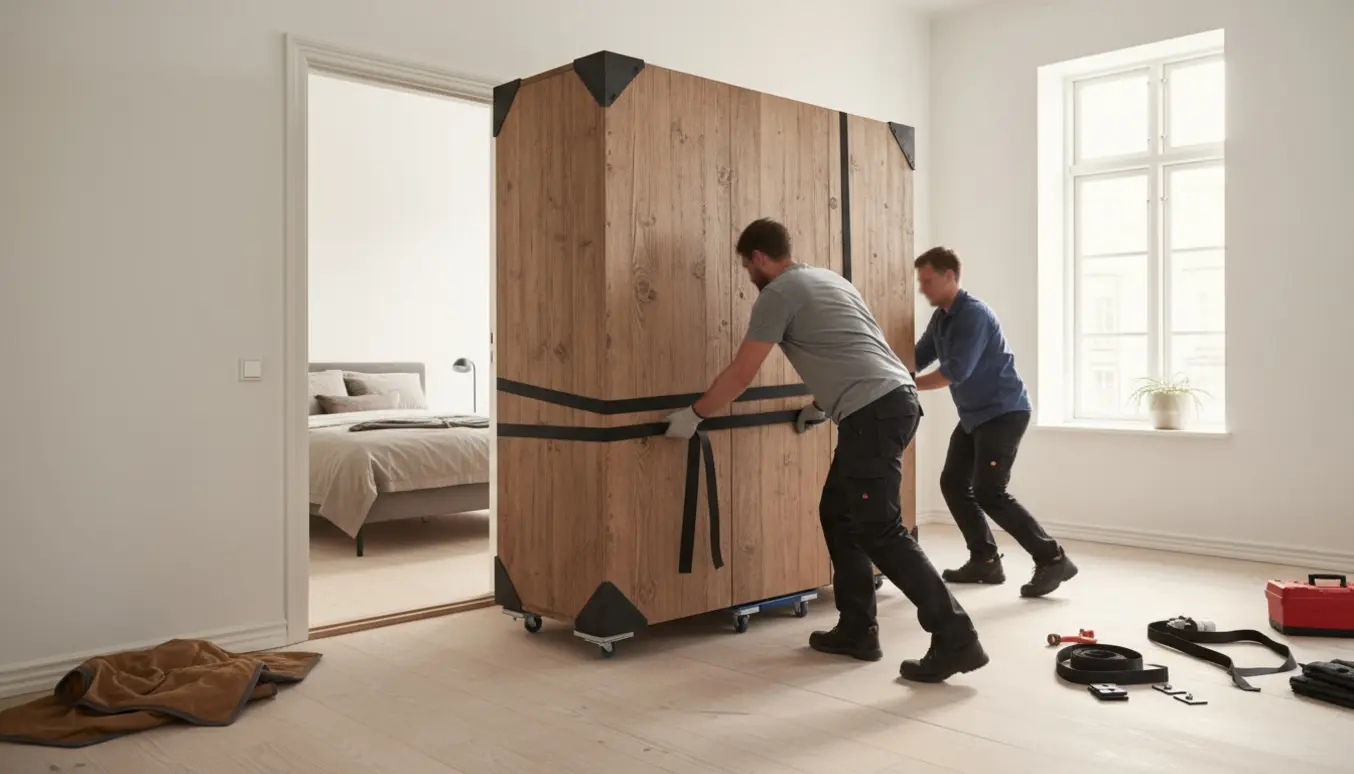Et tungt træskab flyttes gennem en døråbning i en lys lejlighed med hjælp af flyttestropper og glidepuder.