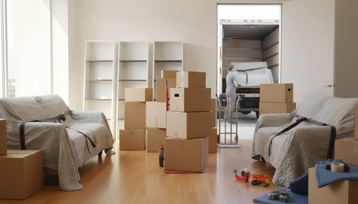 Tre reoler, to sofaer og stabler af flyttekasser i en lys stue klar til flytning.