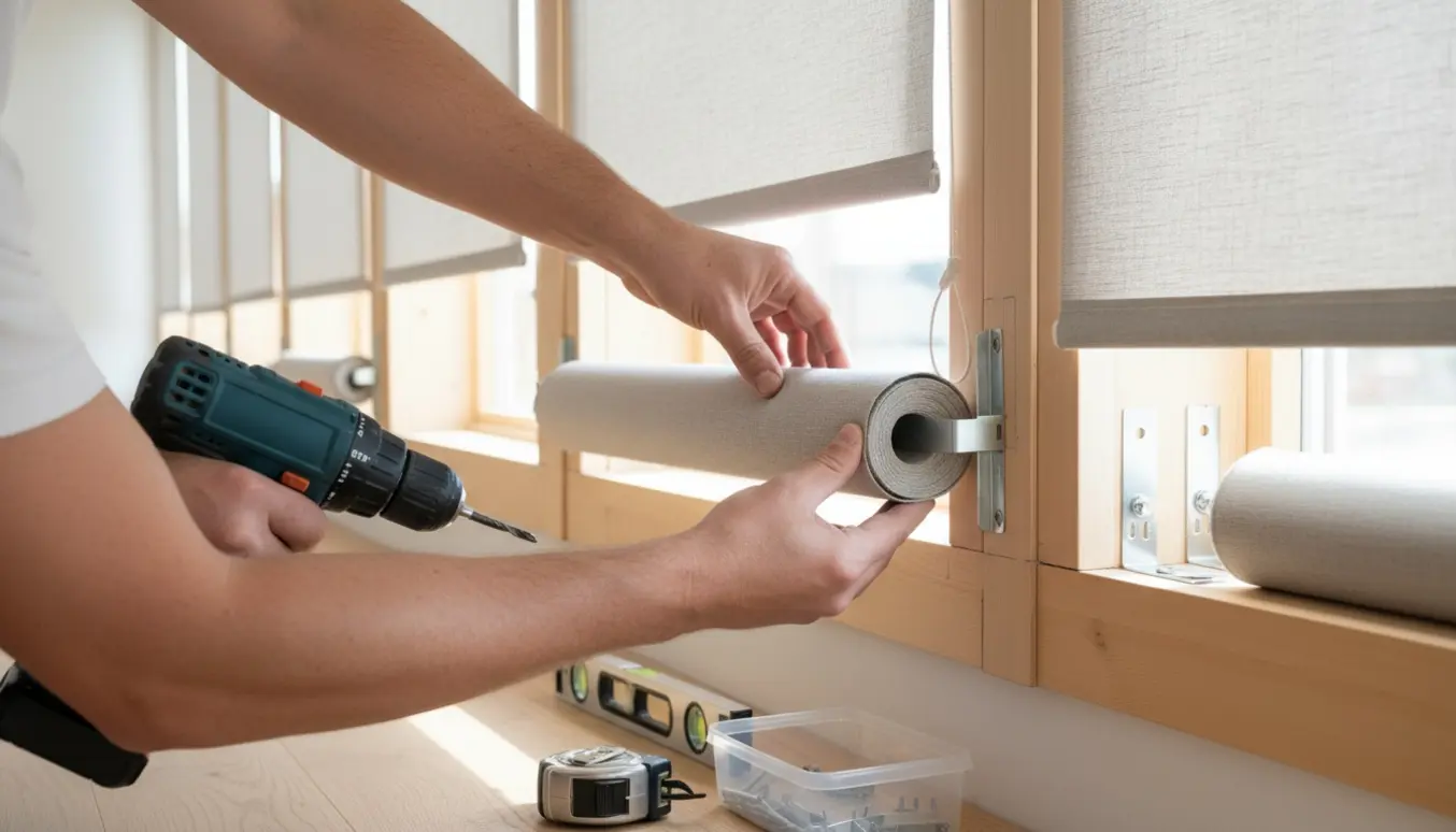 En håndværker monterer rullegardiner på en række af syv brede vinduer med værktøj og målebånd.