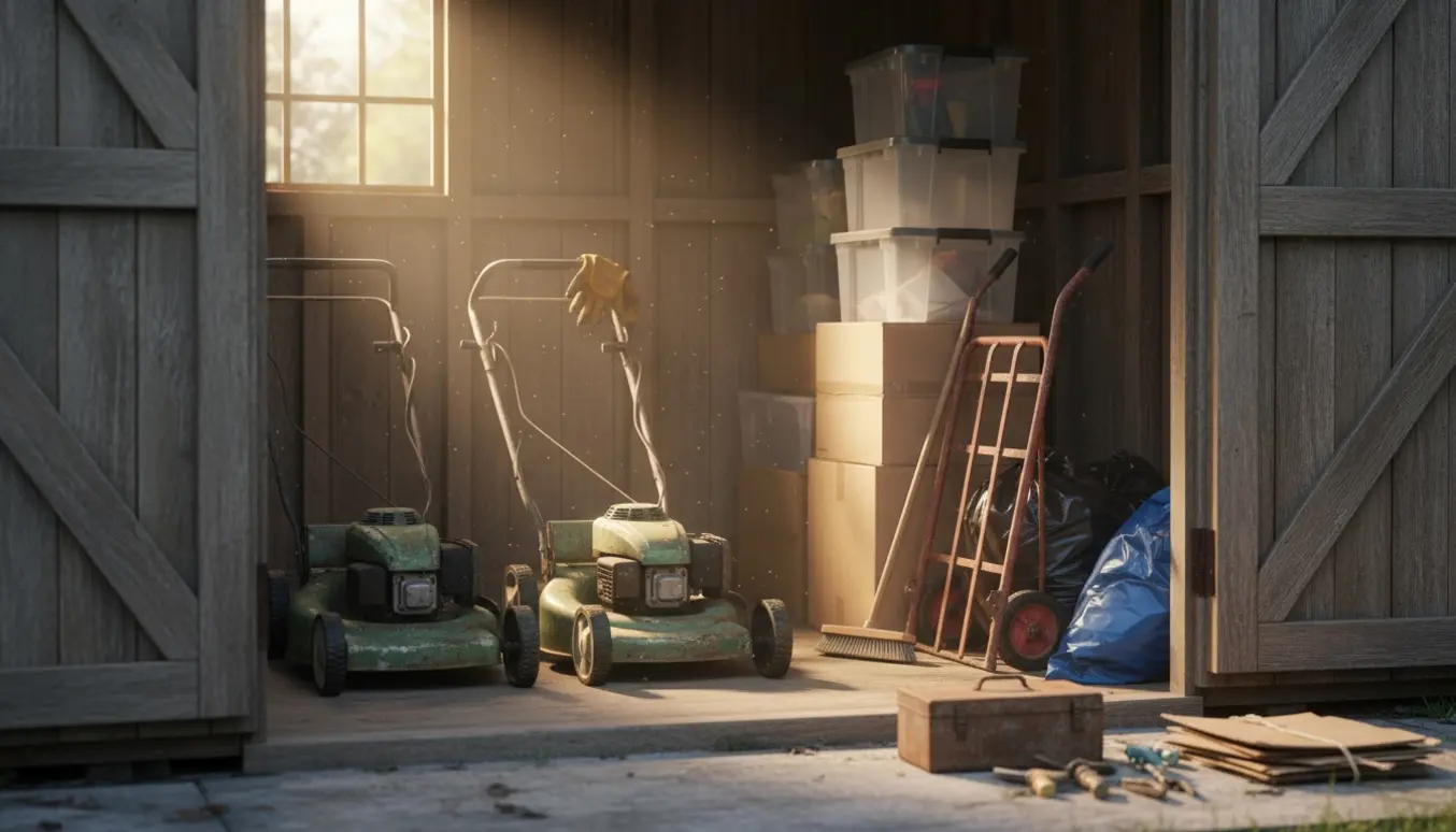 Halvtomt skur med gamle plæneklippere, papkasser og sække klar til bortskaffelse.