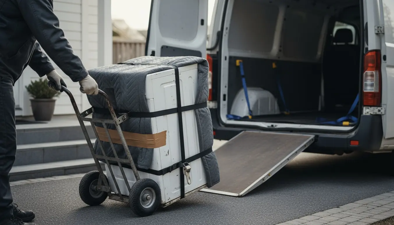 En person læsser en pakket lille vaskemaskine på en sækkevogn foran en varebil klar til skrot.