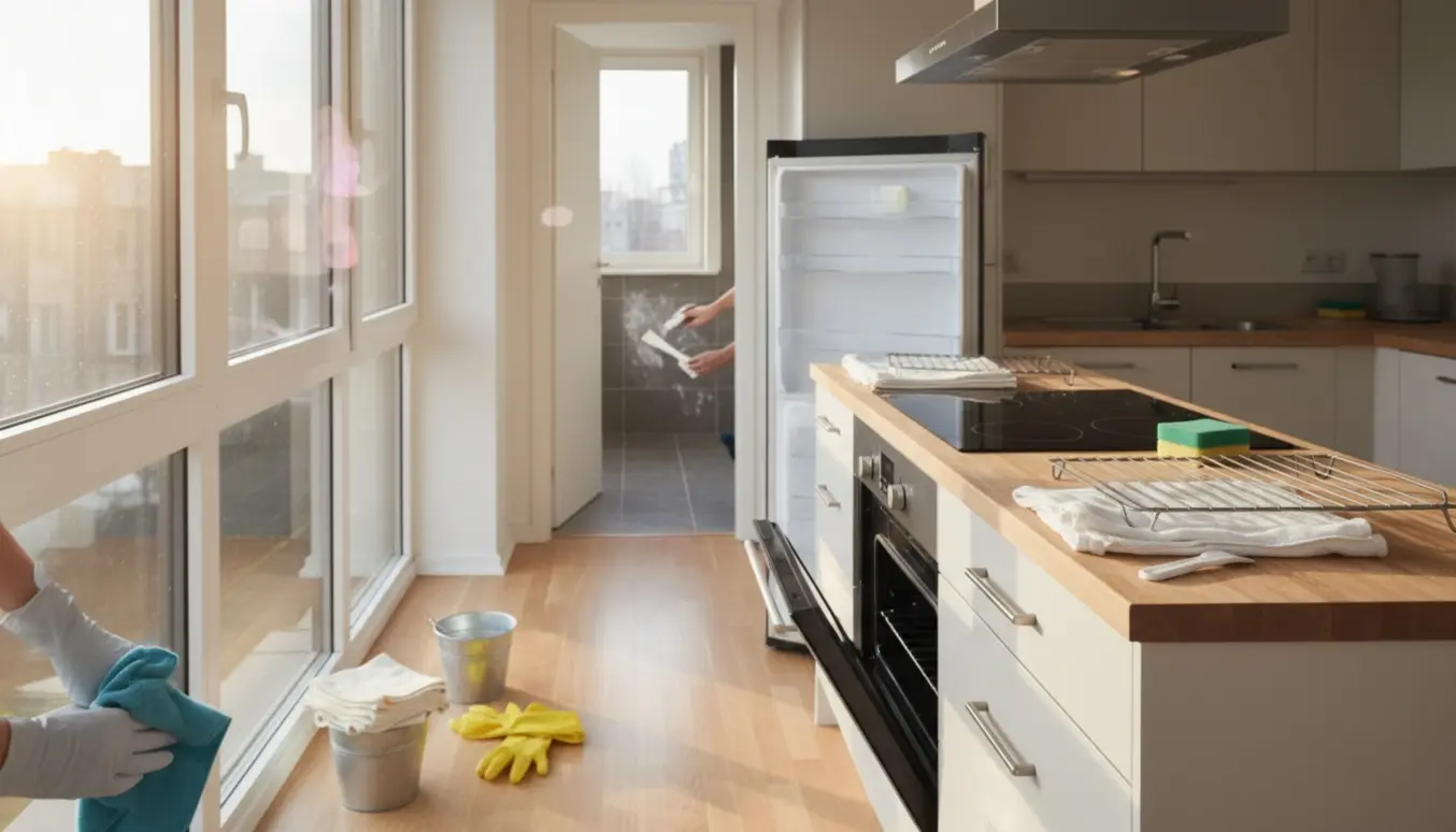 Gummihandsker pudser vindue i velholdt 2-værelses lejlighed med åben ovn og køleskab under slutrengøring.