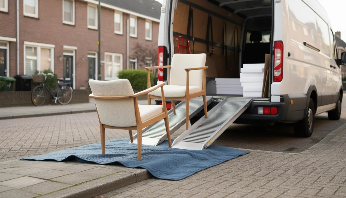 To samlede spisebordsstole læsses fra kantstenen ind i en stor flyttevogn på en stille københavnsk vej.