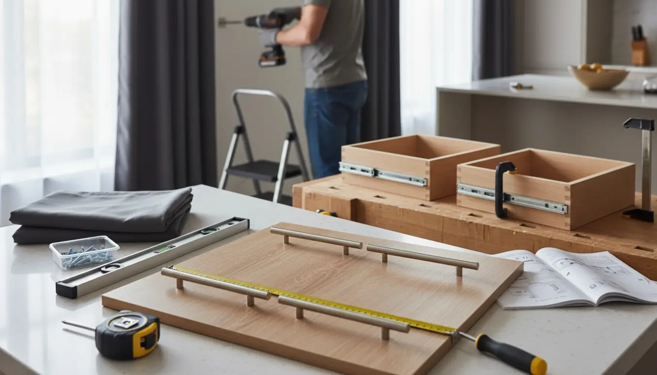 Håndværker monterer mørklægningsgardin ved vindue, mens håndtag og køkkenskuffer ligger klar til montering på bordet.