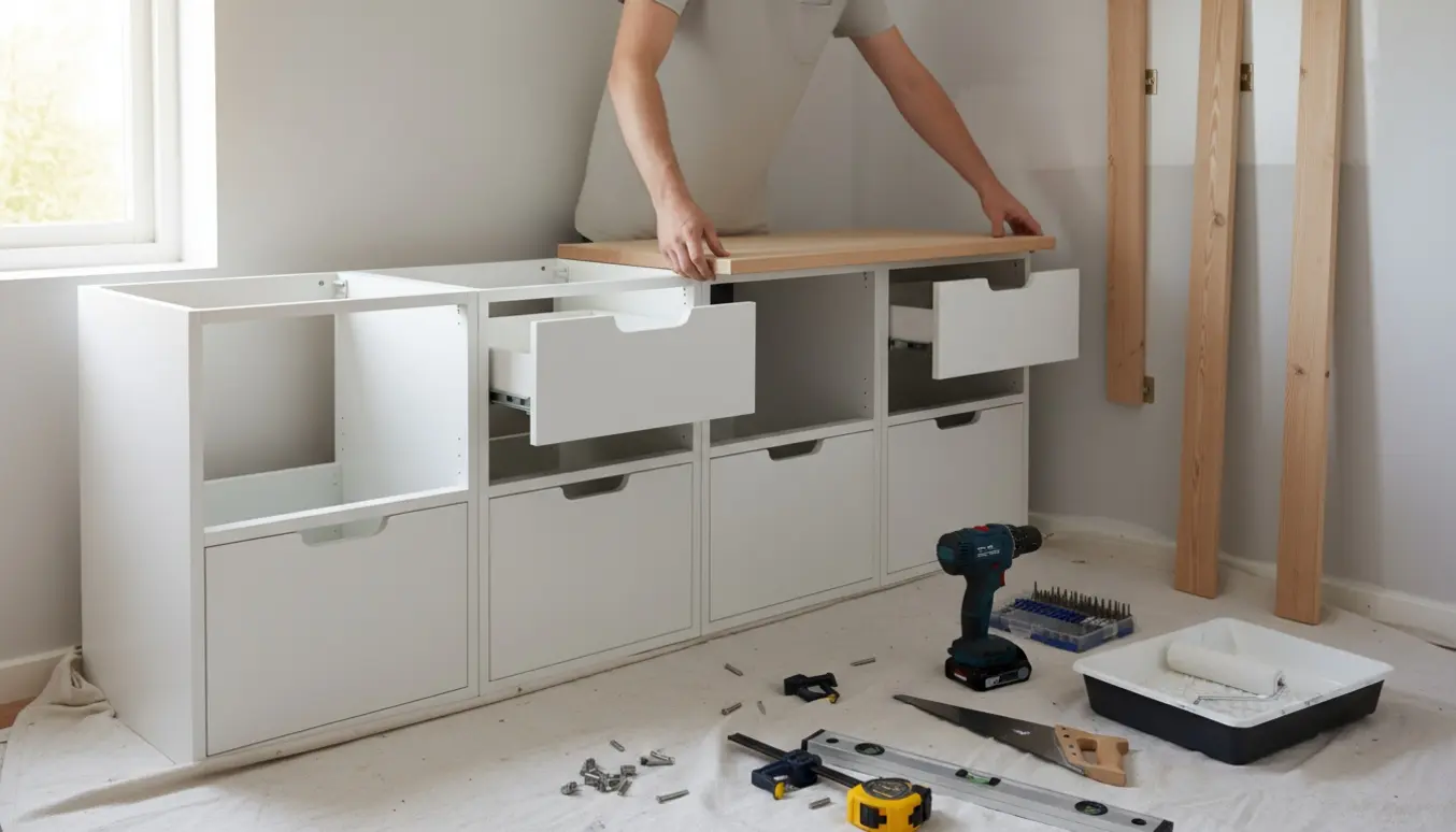 Entre under renovering med tre underskabe, bordplade, trælameller på væg og malerudstyr.