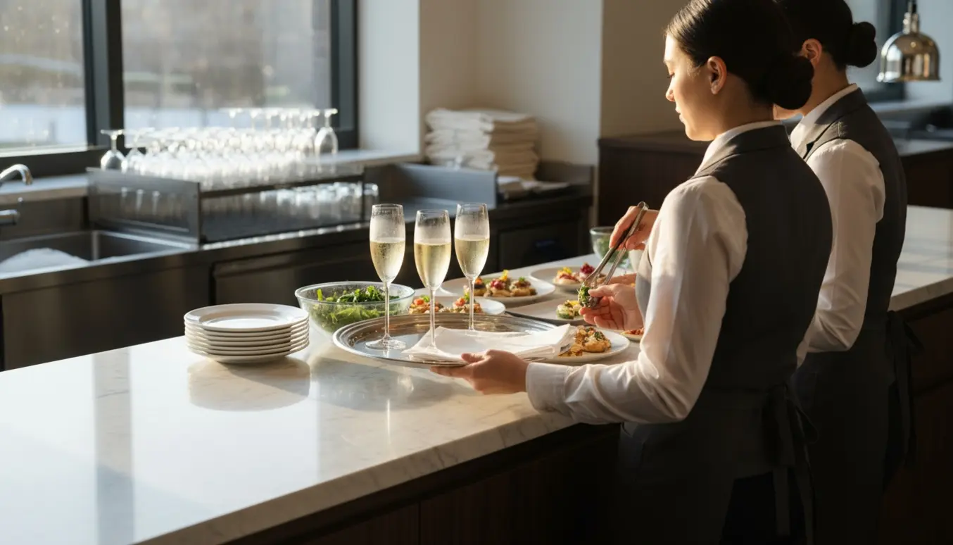 To serveringsdamer i uniform serverer velkomstdrinks og forbereder mad i et lyst eventkøkken.