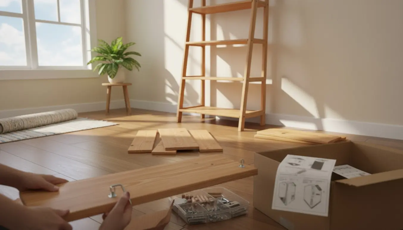 To IKEA fyrre-reoler under samling i en lys stue med værktøj og løse skruer.