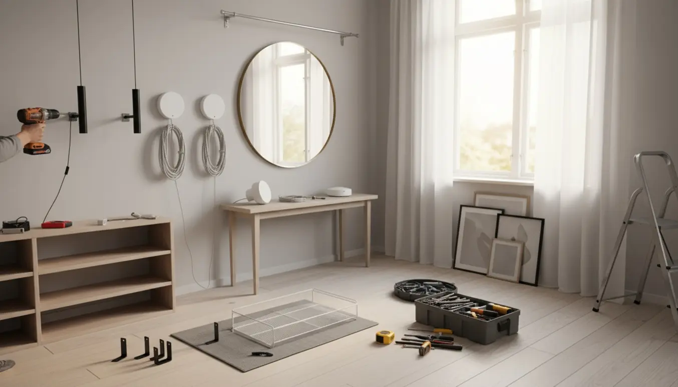 Hænder ved opsætning af lamper, gardinstænger, spejl og billeder på en lys skandinavisk væg med værktøj.