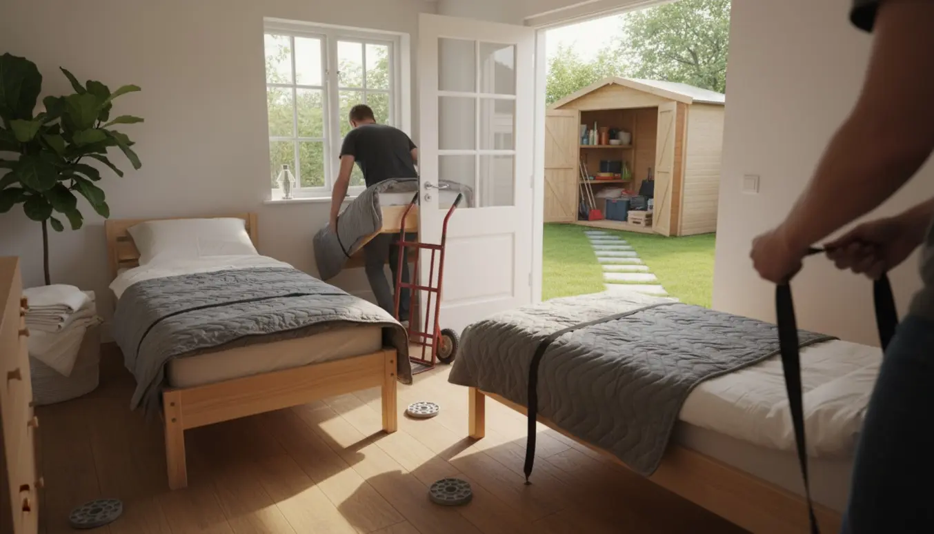 To enkeltsenge flyttes fra et ryddeligt soveværelse gennem åben dør til et skur i haven uden trapper.