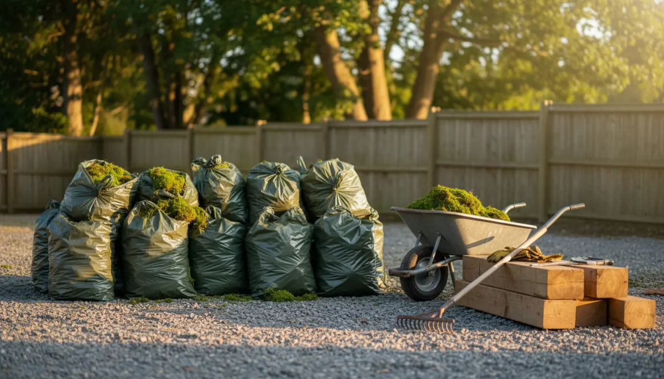 Stak fyldte haveaffaldsposer med grønt mos ved siden af fem-seks korte træbjælker på en indkørsel.