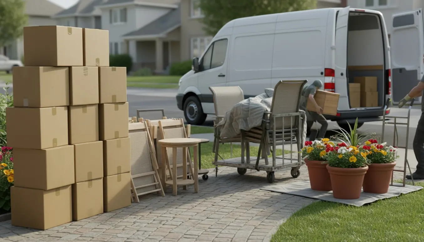 Flyttefolk læsser kasser, små møbler, havemøbler og store krukker ind i en hvid varevogn foran et parcelhus.