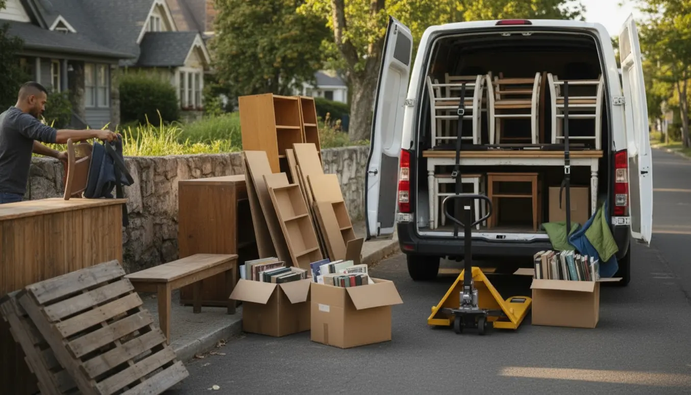 Varevogn lastes med foldede borde og stole samt reoler, kasser og paller ved afhentning.