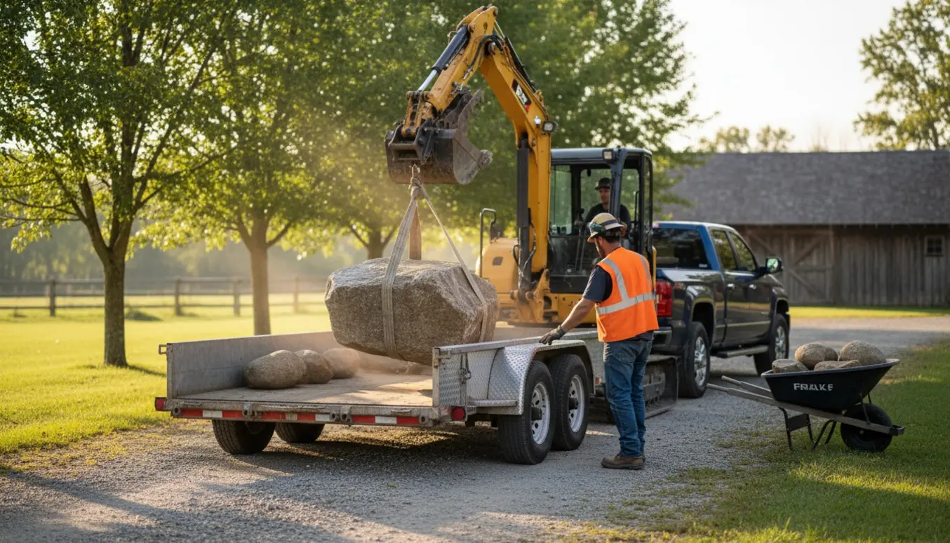 En lille gravemaskine læsser store sten op på en trailer klar til afhentning.