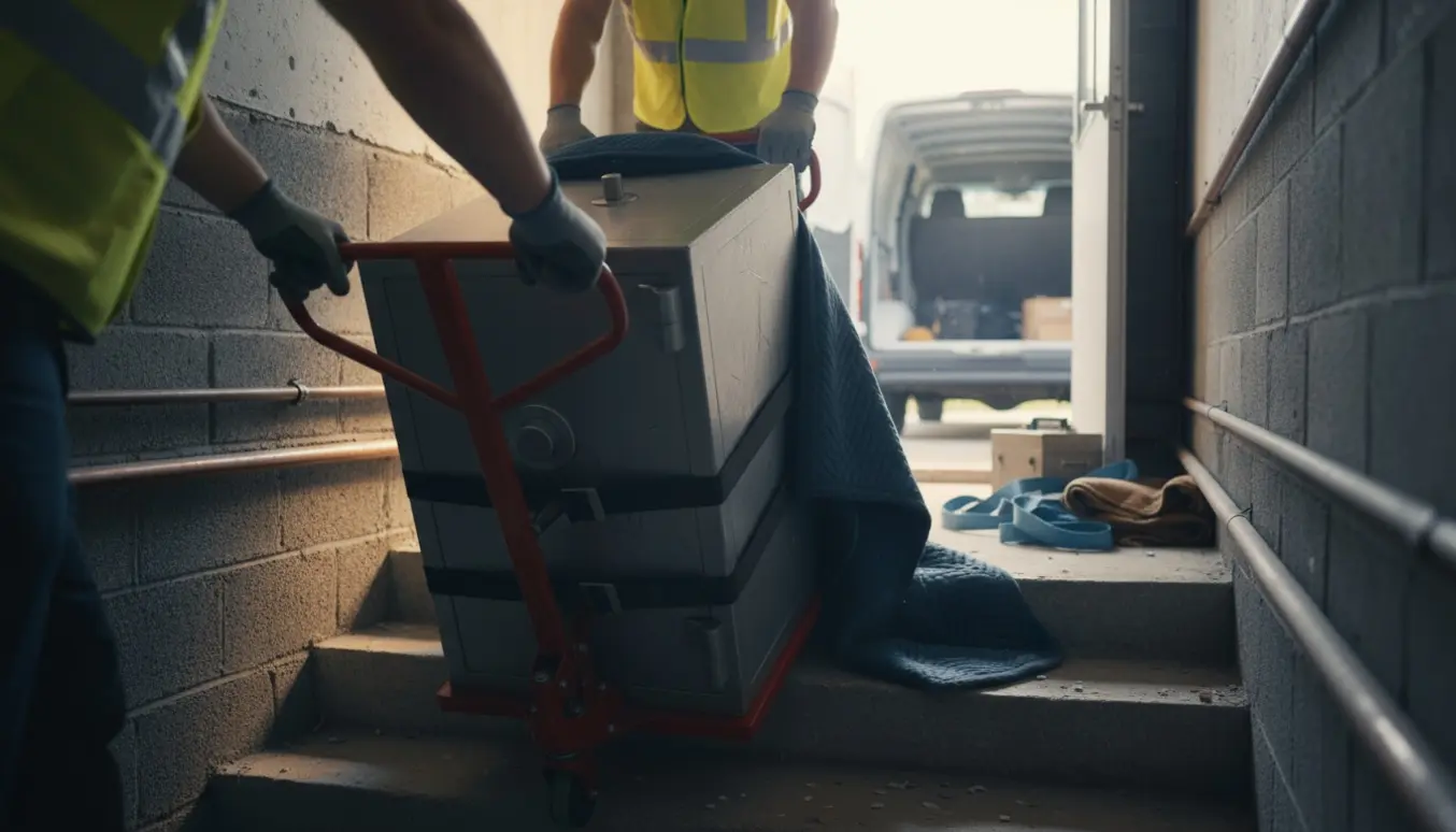 Et pengeskab på en transportvogn bæres op ad kældertrappen mod en ventende flyttevogn.