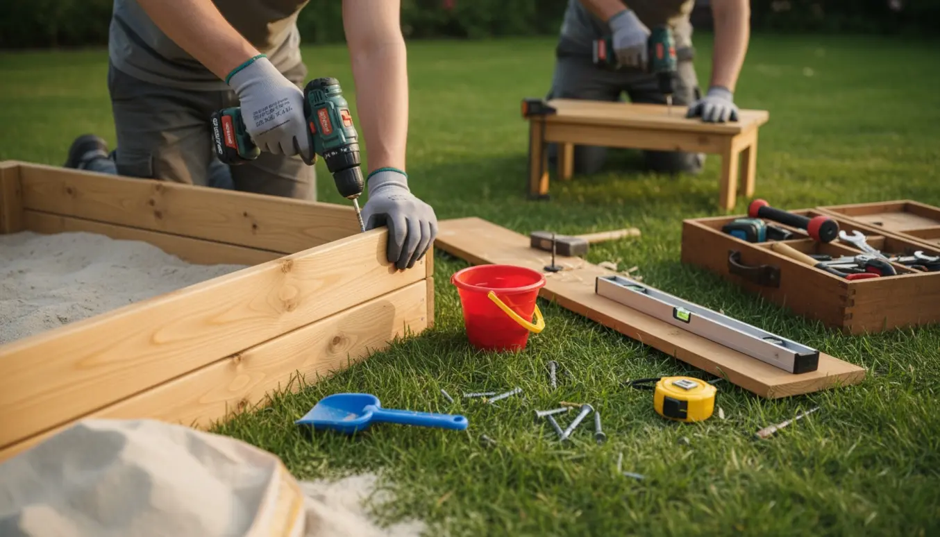 Hænder samler en træ-sandkasse i haven med en boremaskine og værktøj ved siden af.