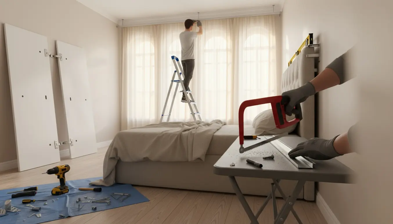 Håndværkere monterer gardinskinner ved fire vinduer, med skabslåger og sengegavl klar til opsætning.