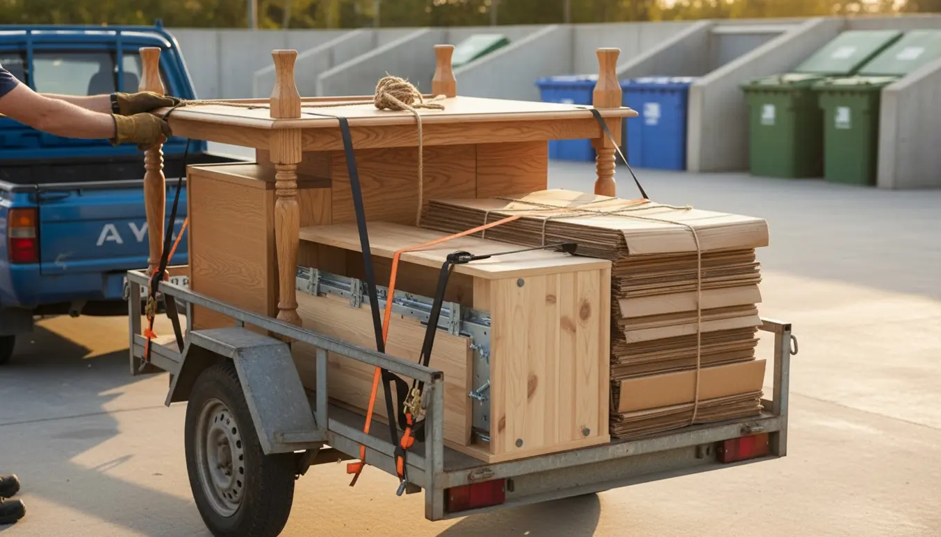 En trailer lastet med et adskilt spisebord, et tv-bord og sammenbundet pap ved en genbrugsplads.