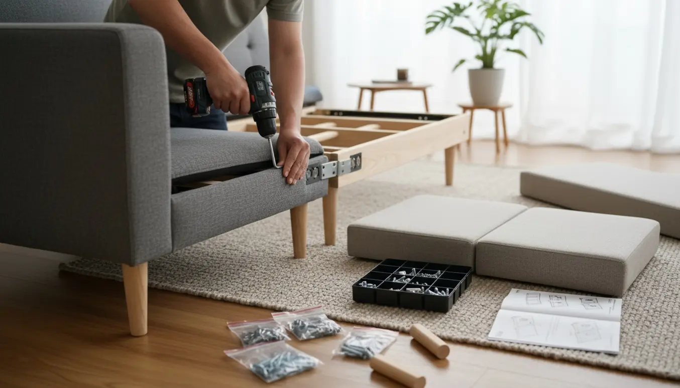 Hænder samler en flatpack-sofa i en lys stue med værktøj og sofa-dele spredt på gulvet.