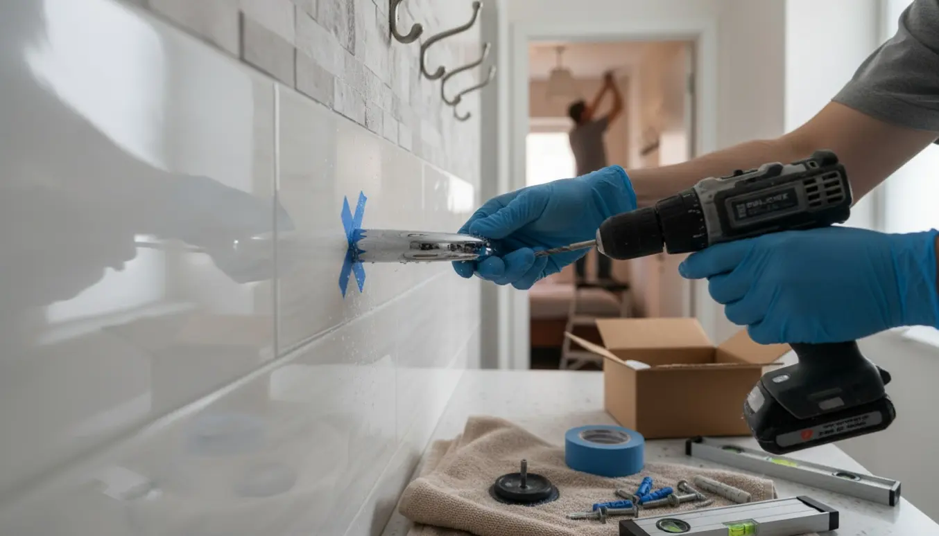 Nærbillede af hænder, der borer i fliser for at montere en krom brusestang med værktøj og monteringsdele i baggrunden.
