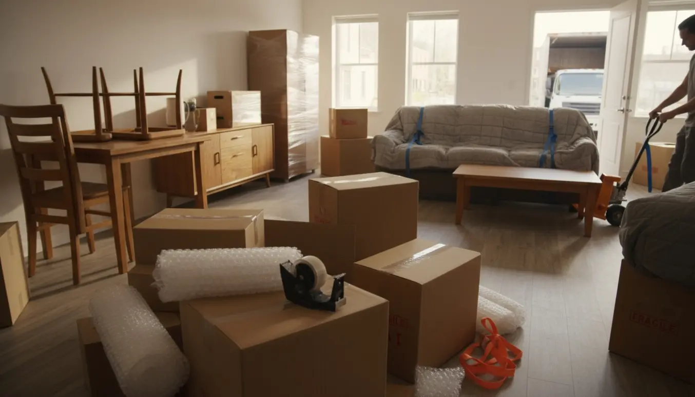 Stakke af flyttekasser og indpakkede møbler i en solbeskinnet lejlighed klar til flytning.