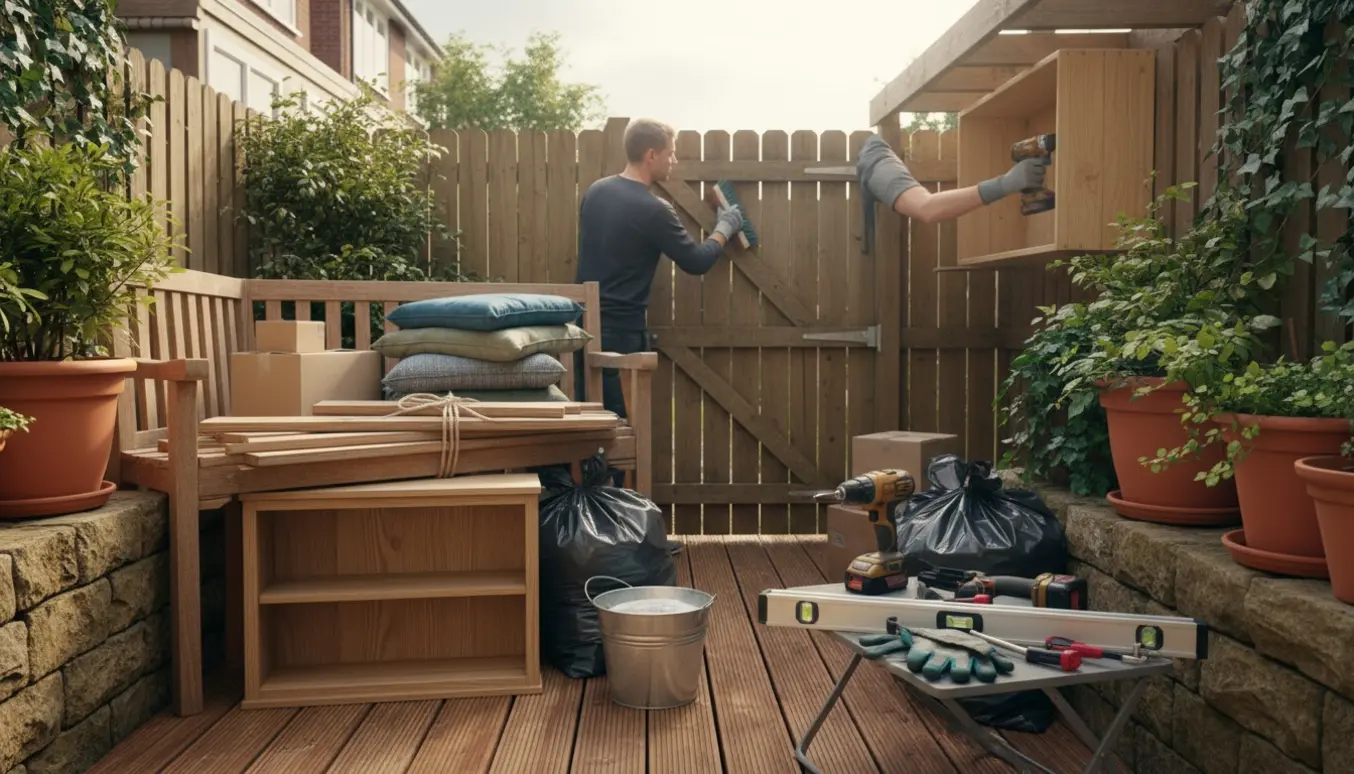 Lille rækkehushave med møbler klar til bortskaffelse, en person renser en havelåge og hænger et skab op.
