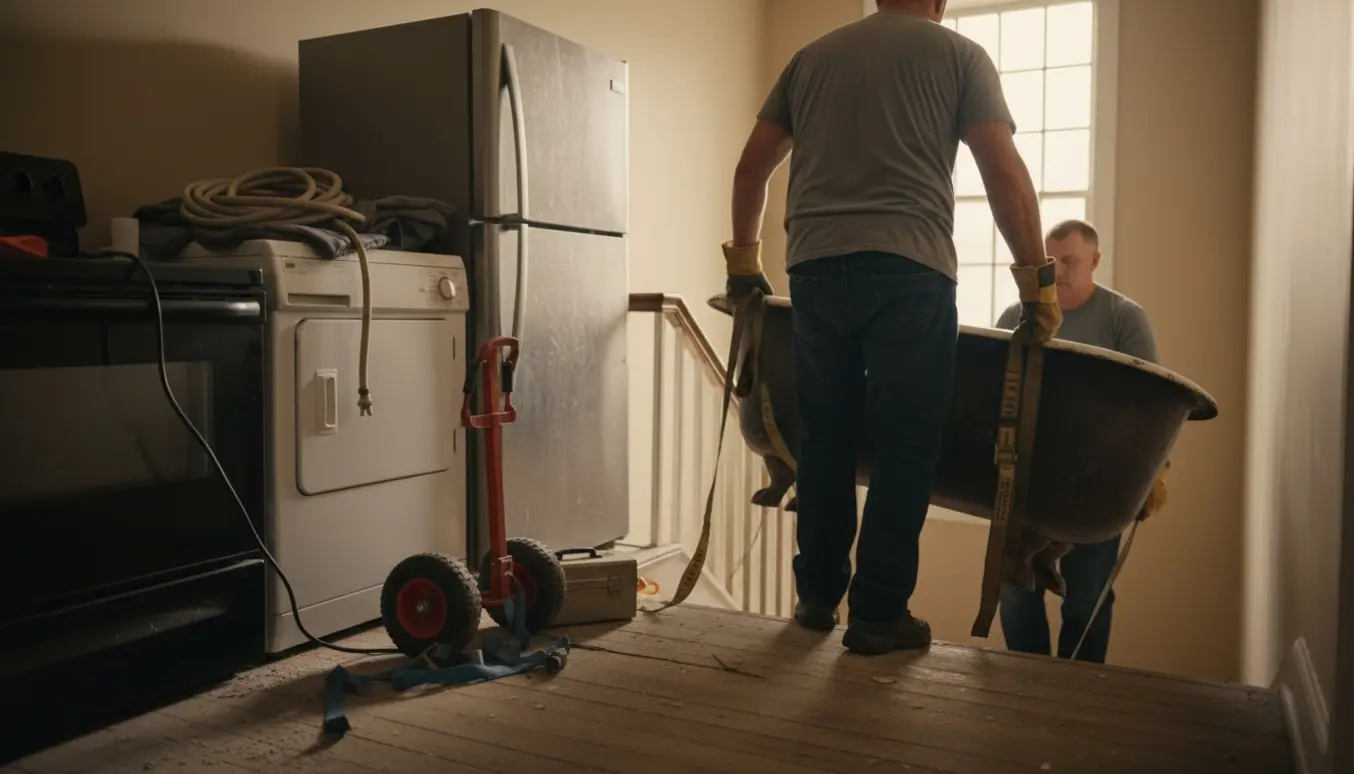 To flyttemænd bærer et tungt støbejernsbadekar ned ad en trappe med vaskemaskine og køleskab på landingen.