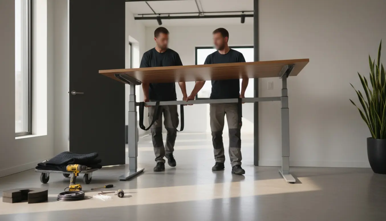 To personer bærer et stort hæve-sænkebord ind i et lyst kontor, uden at ansigter er tydeligt synlige.
