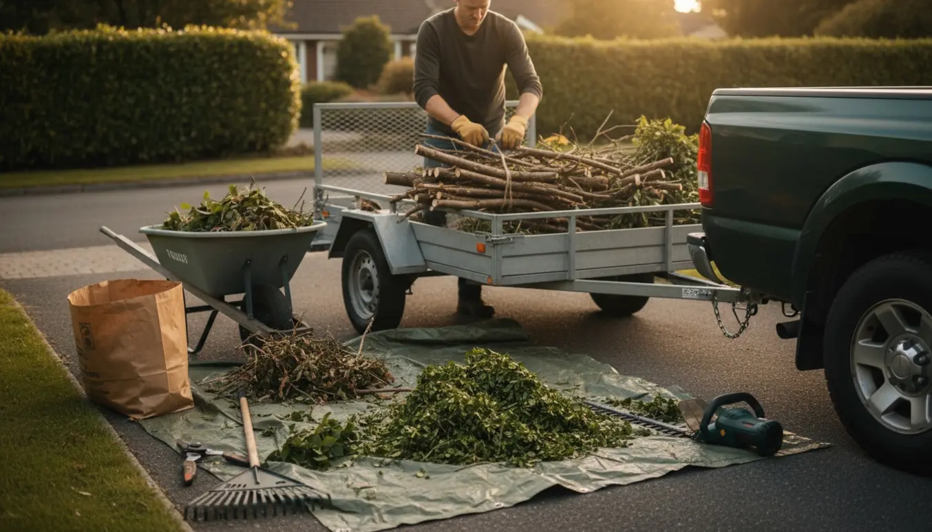 Person læsser hækaffald og grene i en trailer ved en nyskåret hæk.