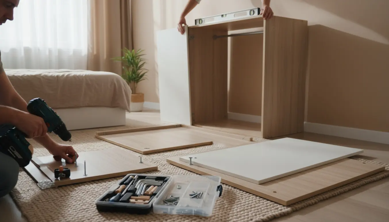 Hænder samler to garderobeskabe i et lyst værelse med værktøj spredt omkring.