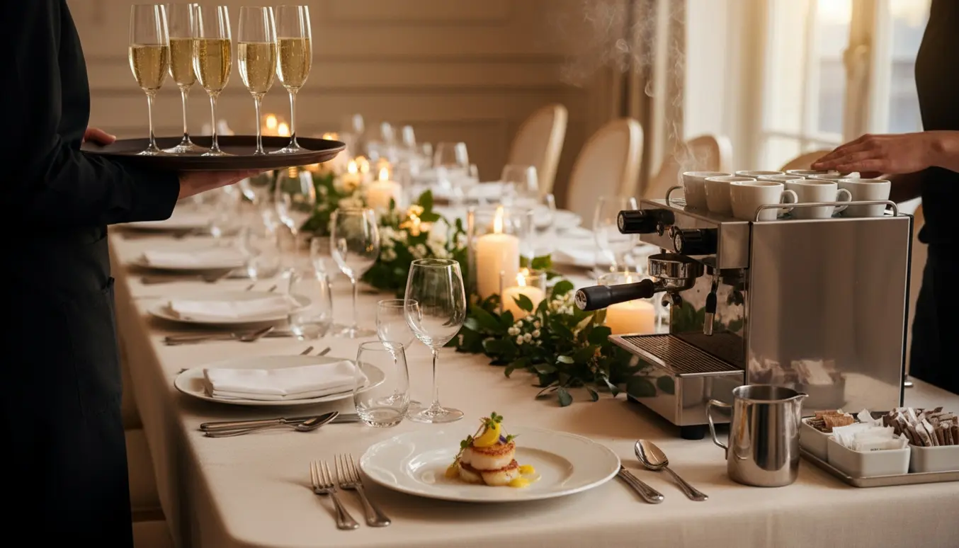 To tjenere anretter og serverer catering ved et veldækket langbord til cirka 18 personer med kaffe- og drinksstation.