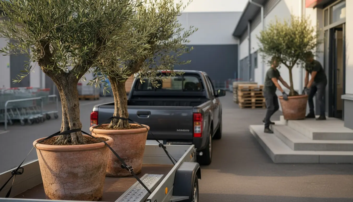 To oliventræer læsset på en trailer bag en butik, mens et træ bæres op ad et par lave trin mod en indgang.