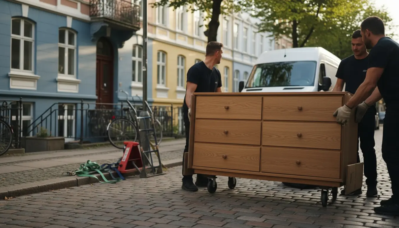 Trækommode pakkes ind og løftes ind i en flyttevogn på en stille københavnsk gade under flytning fra Østerbro til Frederiksberg.