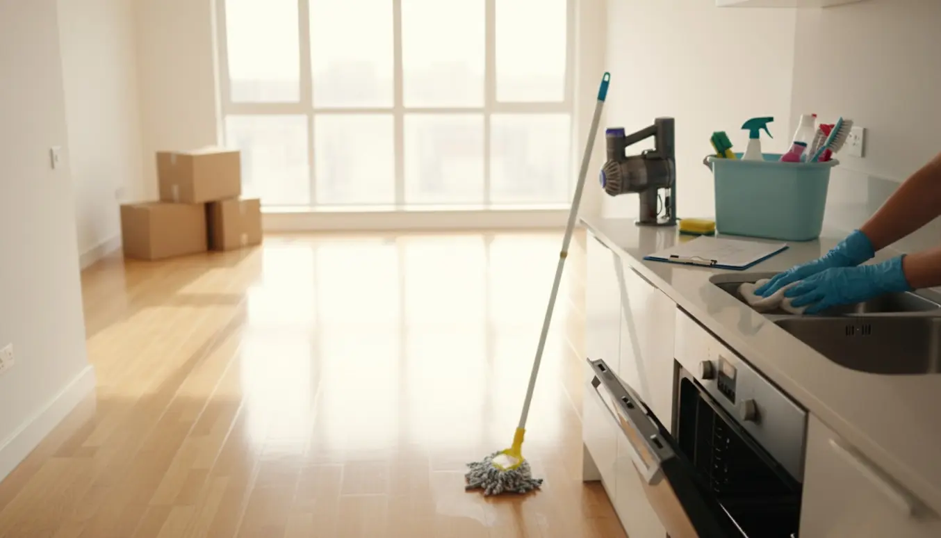 Lyse, nyvaskede rum i en mellemstor lejebolig med rengøringsudstyr og flyttekasser.