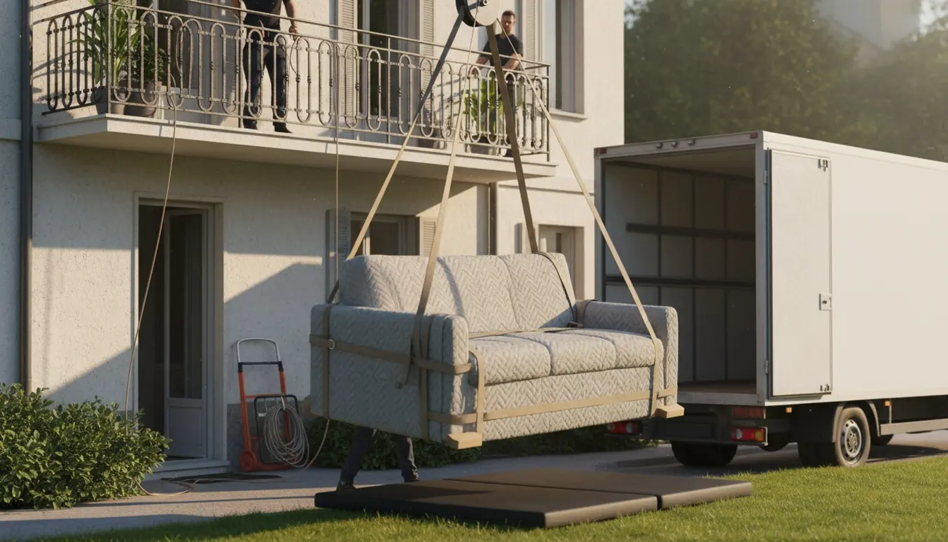 Sovesofa pakket i flyttetæpper sænkes fra tredje sal til haven af flyttefolk.