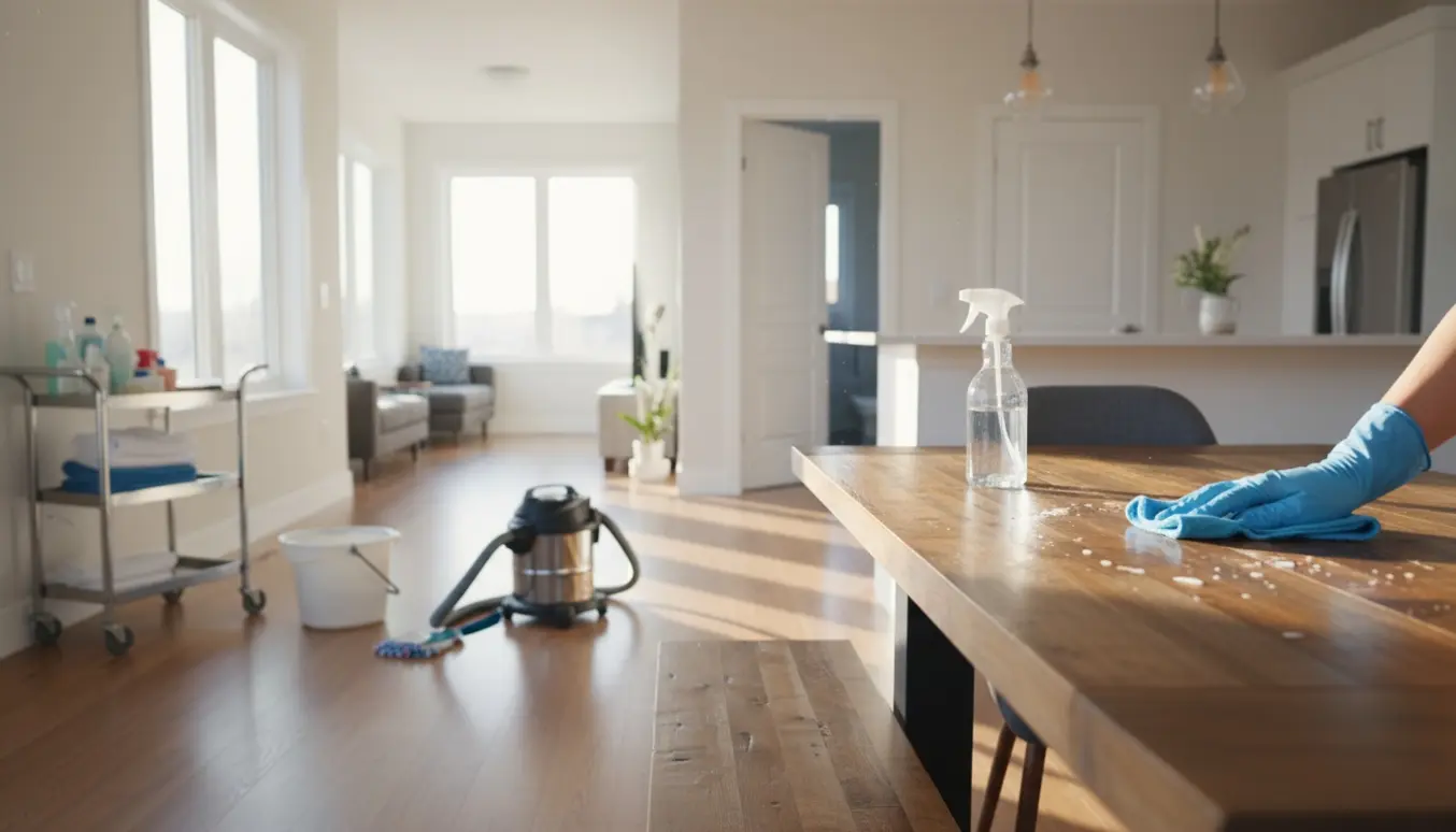 Solbeskinnet, moderne hjem med rengøringsudstyr og handsker, der pudser et bord.