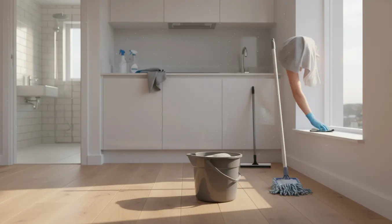 Hænder i gummihandsker tørrer en vindueskarm i en lys, nyrengjort lejlighed med moppe og spand på gulvet.